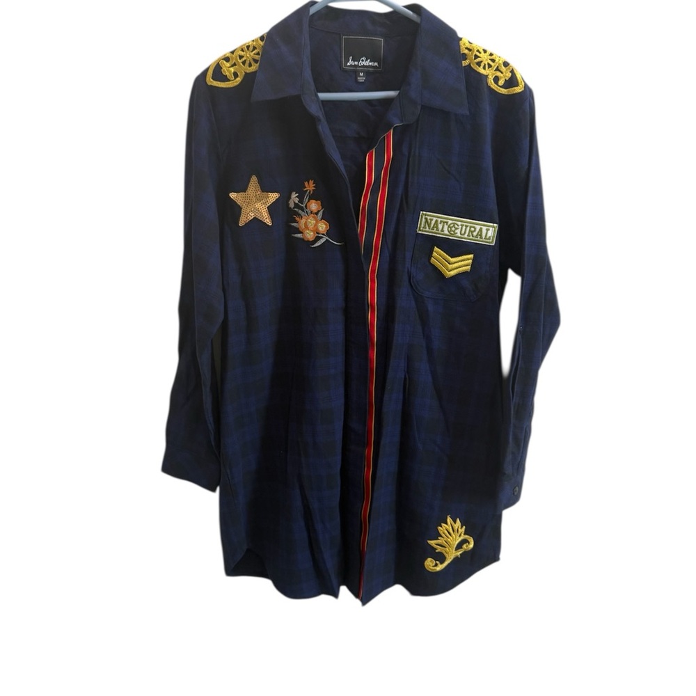 Sam Edelman Navy Plaid Patch Embellished Sleep Shirt/ Dress Shirt - Size M - Picture 10 of 14